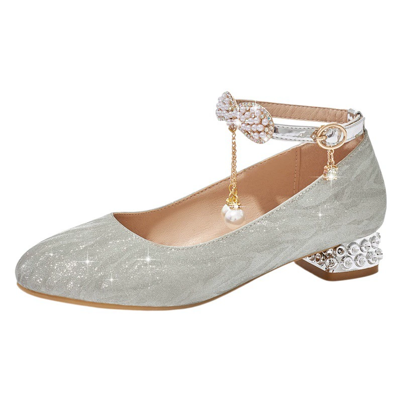Весна 2023 Новая женская обувь Мэри Джейн на низком каблуке с жемчугом и стразами, Большие Детские платья маленького размера, обувь с пряжкой для выступлений