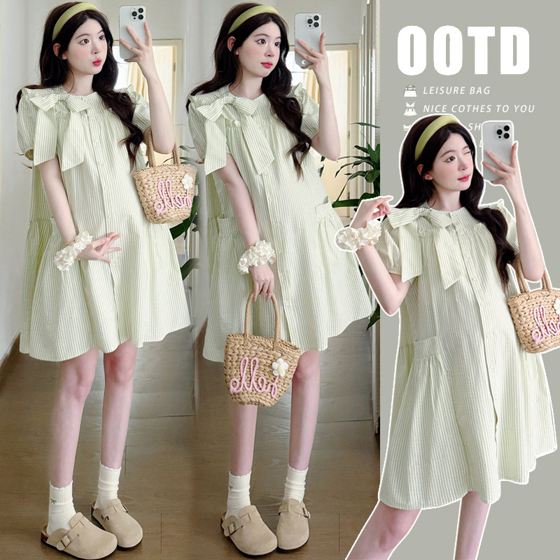 Summer New Gentle Style Bow Cute Age-reducing Green Striped Pregnant Women dress