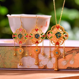 S925 Silver Inlaid Xinjiang Hetian Jade White Jade Square Court Style Enamel suit Vintage Elegant Women's Pendant Earrings