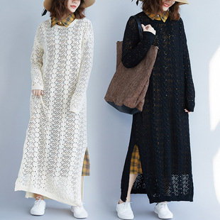 Real shot autumn and winter long sweater dress round neck split artistic hollow sweater dress