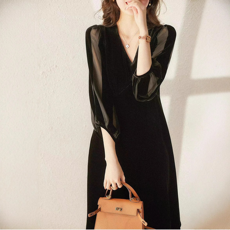 Black Long Silk Velvet Dress with a Waist-Cinching, Slim-Fit Design, Elegant and Graceful, Featuring Sheer Sleeves and a V-Neck, Model 8001