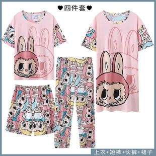 Pajamas Women's Cloth Cartoon Loose Four-piece Set 2025 New Short-sleeved Nightgown Pants Thin suit Home Clothes