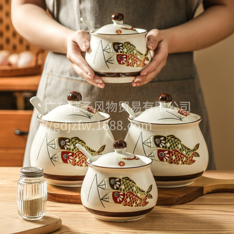 コイ豚油缶陶磁器調味缶蓋付き塩缶キッチン唐辛子油缶高温油かけ辛い生臭物油缶|undefined