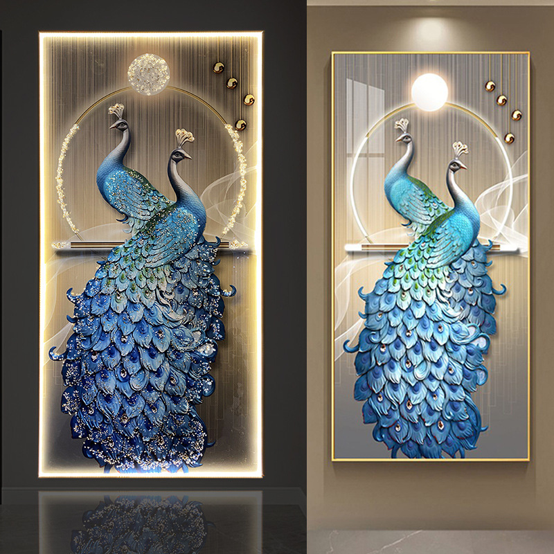 Nuevo estilo chino Peacock Entrance Hall Decoration Painting lujoso LED de alta calidad cristal luminoso Pasillo de perforación mural