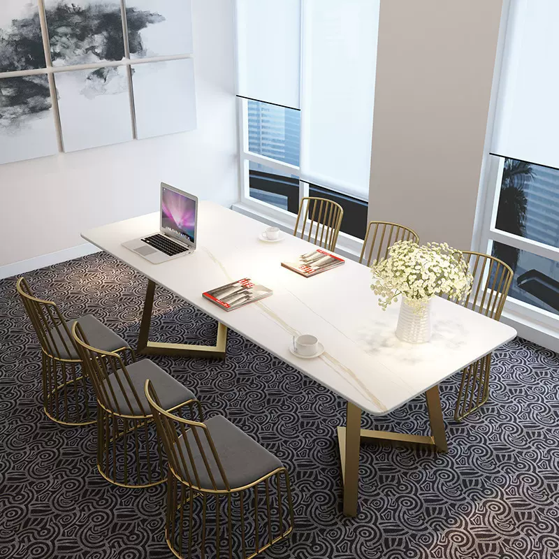 北欧简约岩板办公桌 工作室谈单室4人桌椅组合书房单人铁艺电脑桌