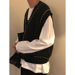 Spring and Autumn New Loose American Fashion Hook Black Retro Knitted Cardigan Vest Sweater Vest Men's Japanese Style