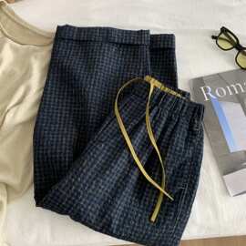 日系复古微皱格子裤女韩版小个子撞色抽绳奶奶裤显瘦百搭九分裤夏
