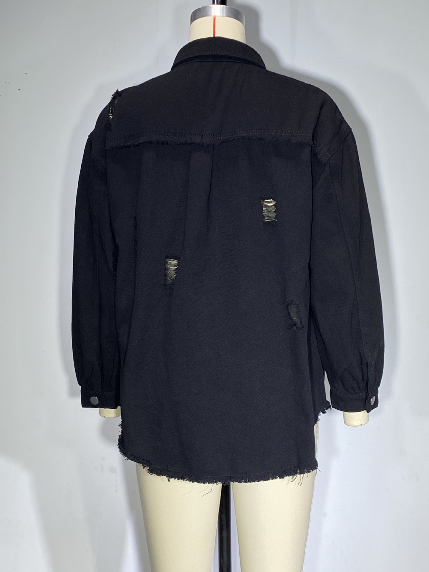 Giacca di jeans donna con volant strappata bavero manica lunga_voghion.com