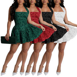 AL305亚马逊跨境欧美女装连衣裙性感一字肩收腰蓬蓬裙植绒礼服裙