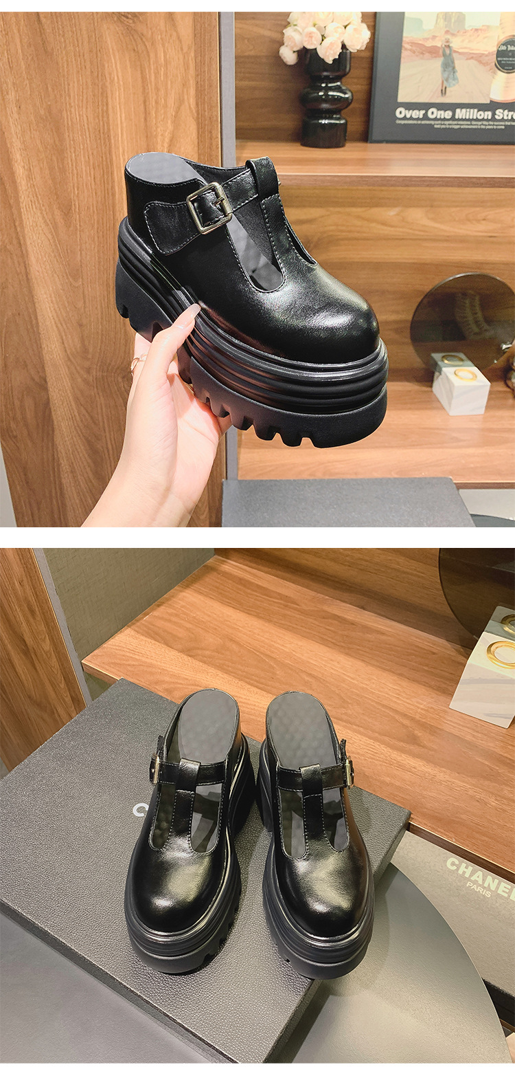 Dép mule nữ bít mũi đế xuồng cao 15cm khóa trang trí mùa hè — Màu trắng be 15cm, Màu trắng be 10cm, Màu trắng gạo 12cm, Màu đen 12cm chi tiết 11