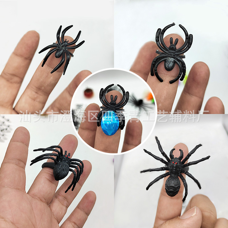 Cross-Border Halloween Realistic Spider Ring Prank Prop Colorful Gemstone Plastic Spider Decoration Ornament Prank Item