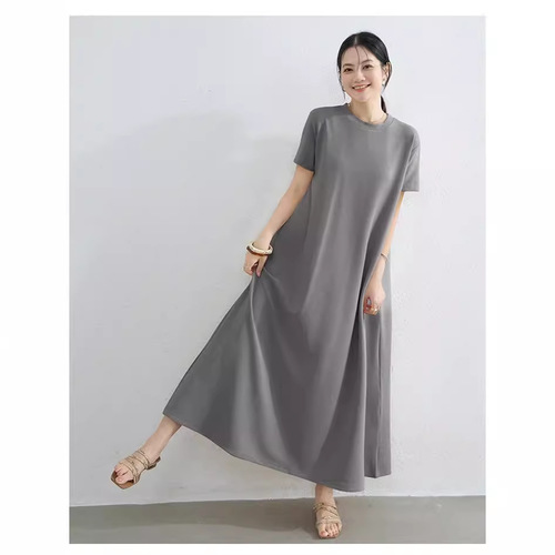 Summer and Spring Japanese Plus Size Thin Short-Sleeve Long Dress Loose Round Neck A-Line Skirt Women Solid Color Knee-Length Outer Dress
