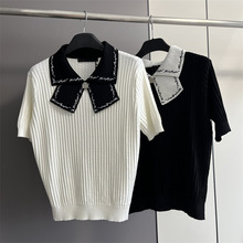 7346美系卡尔女装2024春夏新款篙端刺绣蝴蝶结领针织短袖上衣