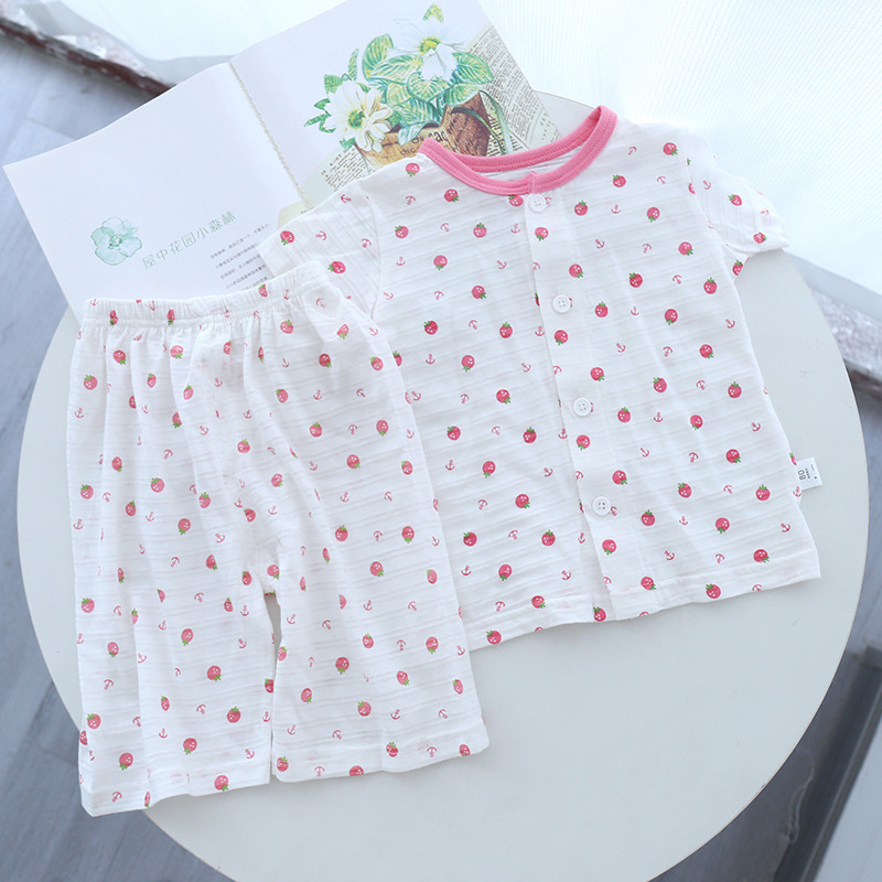 Spring New Men's Children's Wear Thin Cotton Front Open Top Shorts Set Printed Round Neck Baby Underwear Home Clothes