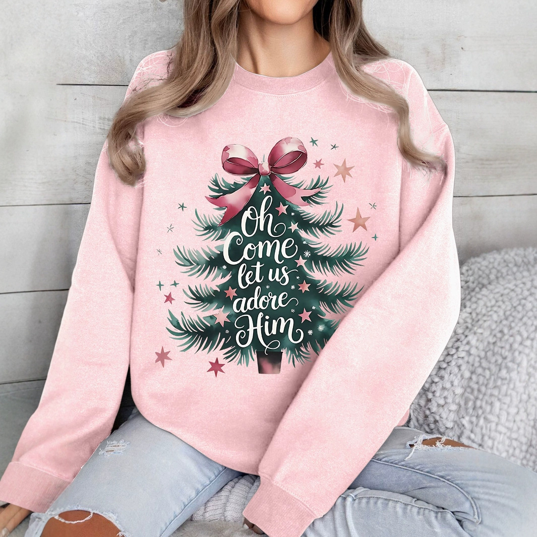 (2개) 겨울 아마존 오 와서 그를 좋아하자 크리스마스 트리 축제 인쇄 둥근 목 양털 스웨터