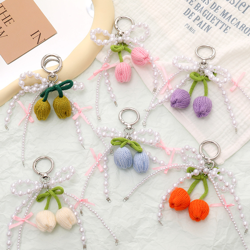 Handmade Crocheted Wool Tulip Decorative Bag Pendant Pearl Bow Mobile Phone Pendant Key Chain Hanging Chain