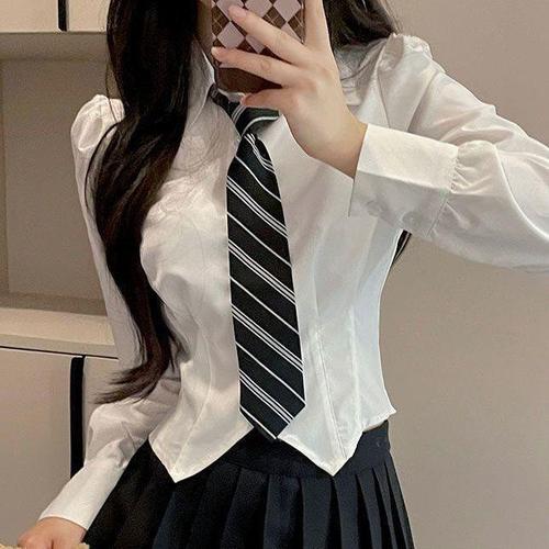 Black and White Striped No-Tie School Necktie for JK Students, College Style Shirt, School-Provided Tie Accessory with Bow Tie