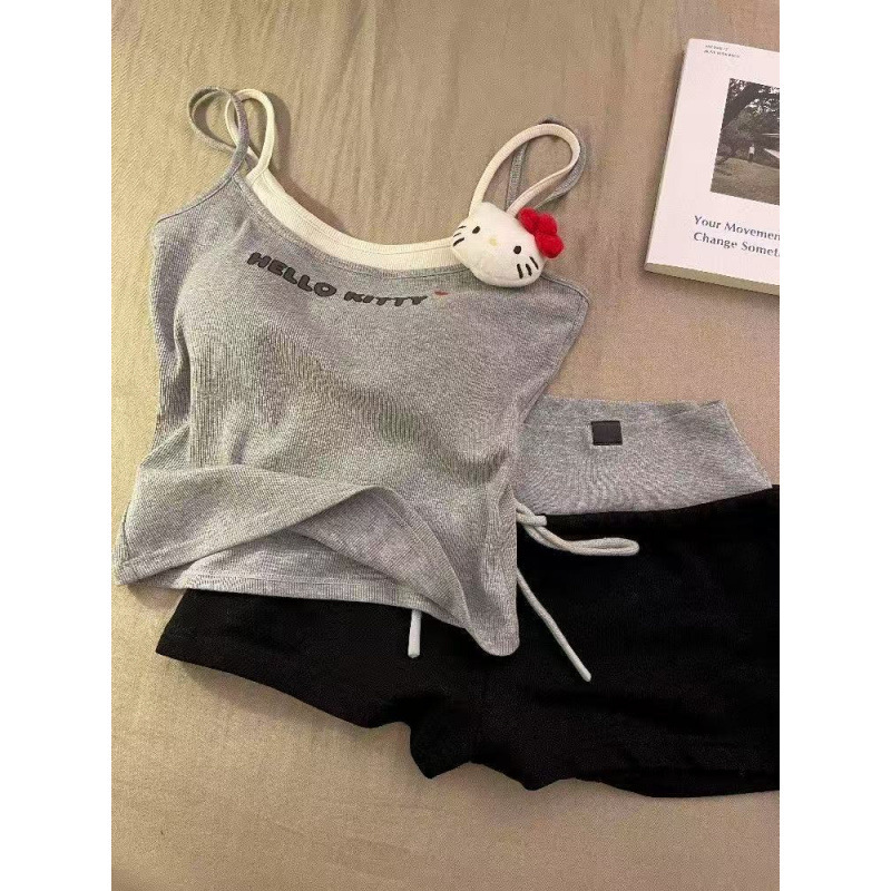 キティ猫偽ツーピースサスペンダーパジャマ女性の夏着用可能な胸パッドベストショーツホーム服セット|undefined