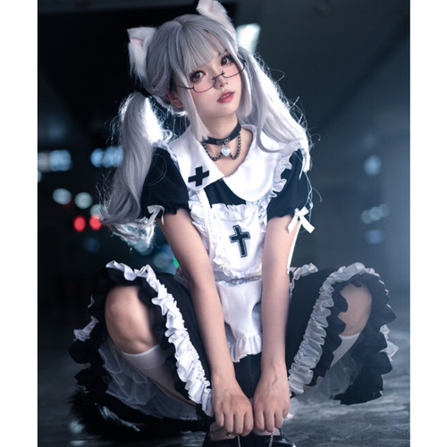 Halloween Cross Maid Costume Classic Black and White Lolita COS Sweetheart Nurse Maid Uniform Suit Large Size