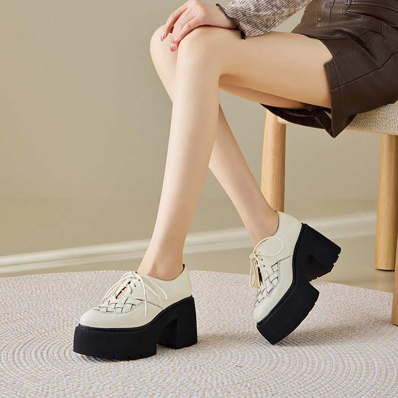 Giày cao gót nữ mũi nhọn gót vuông 10 cm dây buộc phong cách Anh, đế xuồng, da thật — màu đen
