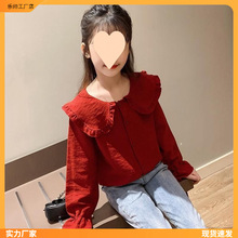 女童衬衫2024春秋新款中大童娃娃领红色衬衣灯芯绒上衣儿童长耐用