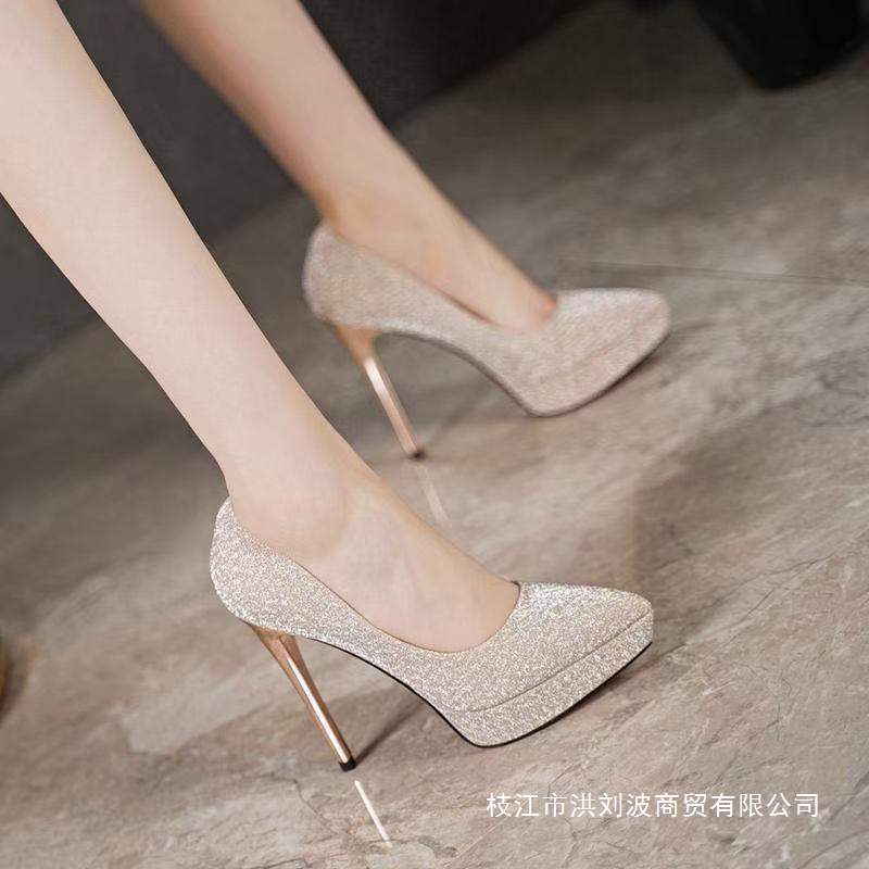 French Sexy Wedding Shoes Pointed Toe Silver Bride New Women's Thin Wedding Dress Bridesmaid Waterproof Platform High Heels Large Size