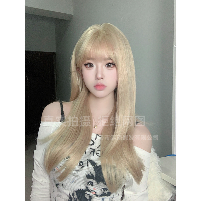 制覇かつらホワイトゴールドロングストレート女性団風日常自然ファッションlolita弾力ネット全頭セット対外貿易|undefined