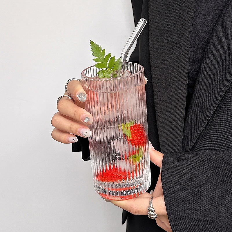 Ins縦縞グラス大衆デザインコーヒーカップジュースカップ冷たいカップ家庭用飲料カップミルクカップ|undefined