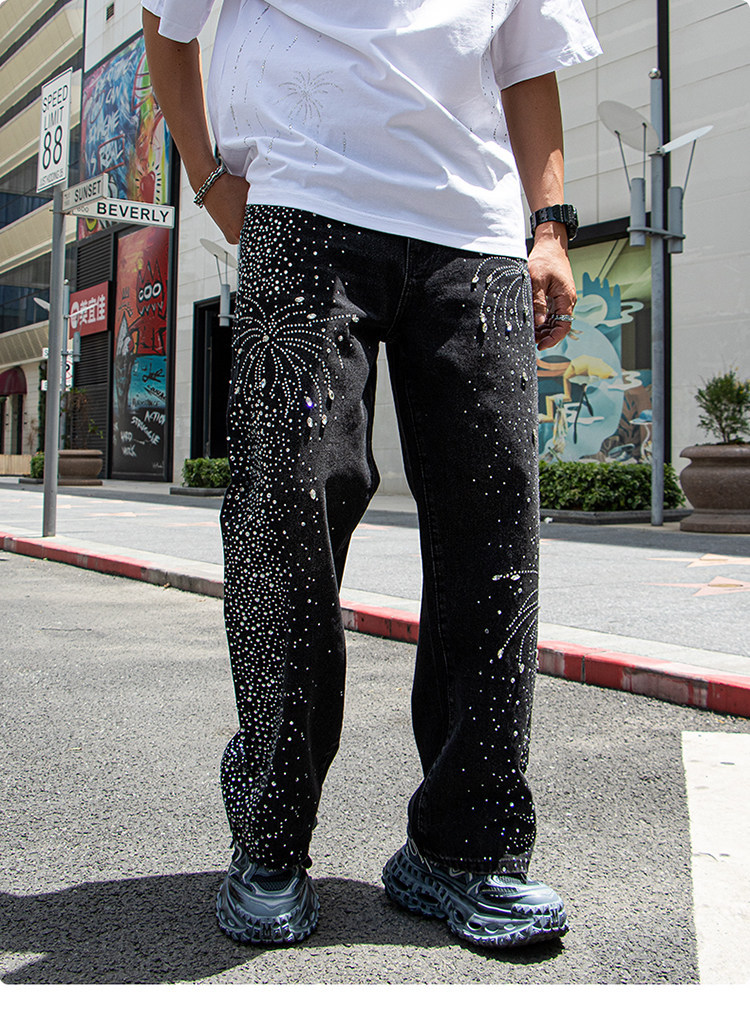 Men's Rhinestone Jeans Straight Leg Denim Pants Trendy Streetwear_voghion.com
