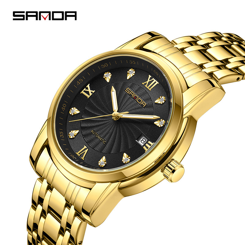 Sanda 7007 correa de acero para hombre reloj mecánico automático transparente inferior rhinestone moda manual reloj mecánico