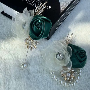 Cross-Border Rhinestone Pearl Bracelet Dark Green + Milk Rose Bride Bridesmaid Wrist Flower Groom Best Man Corsage Wrist Flower