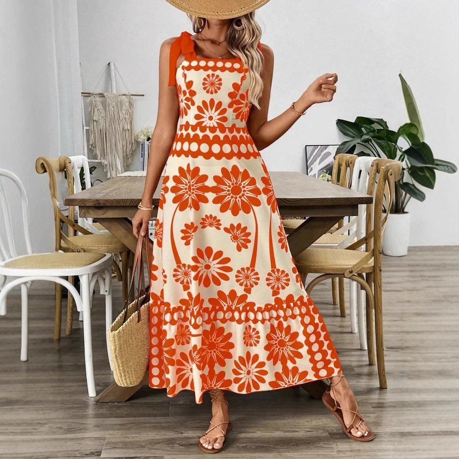 2025 Amazon Aliexpress Independent Station Spring and Summer Women's Positioning Printed Sling Holiday Dress