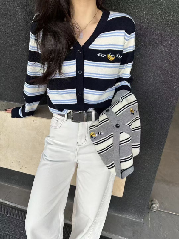 0913-150秋季条纹撞色重工刺绣羊毛针织开衫女韩系V领针织衫女|undefined