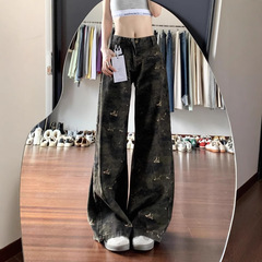 女性用迷彩ワイドレッグパンツ、新しい夏のハイウエストデザイン、女性用大きいサイズのジーンズ、ゆったりとしたスリムなストレートレッグフロアレングスパンツ