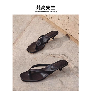 Sheepskin version ~ simple niche clip-on leather flip-flops women's kitten heel half-slippers mid-heel sandals sandals