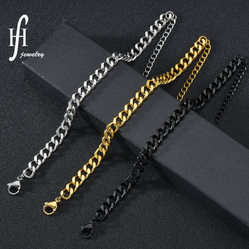European and American Trendyy Simple Ground 2-Sided Cuban Chain Men's and Women's Bracelets Hip-Hop Trendy 18K Gold Titanium Steel Hand Jewelry Manufacturer Wholesale