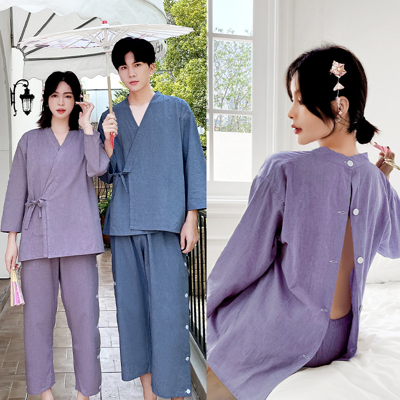 Jinbei Couple Japanese Style Kimono Long Moxibustion Clothing Pure Color Clean Version Long-Sleeved Pants Front and Back Buttoned Cardigan Jinbei Couple Japanese Style Kimono Long Moxibustion Clothing Pure Color Clean Version Long-Sleeved Pants Front and Back Buttoned Cardigan