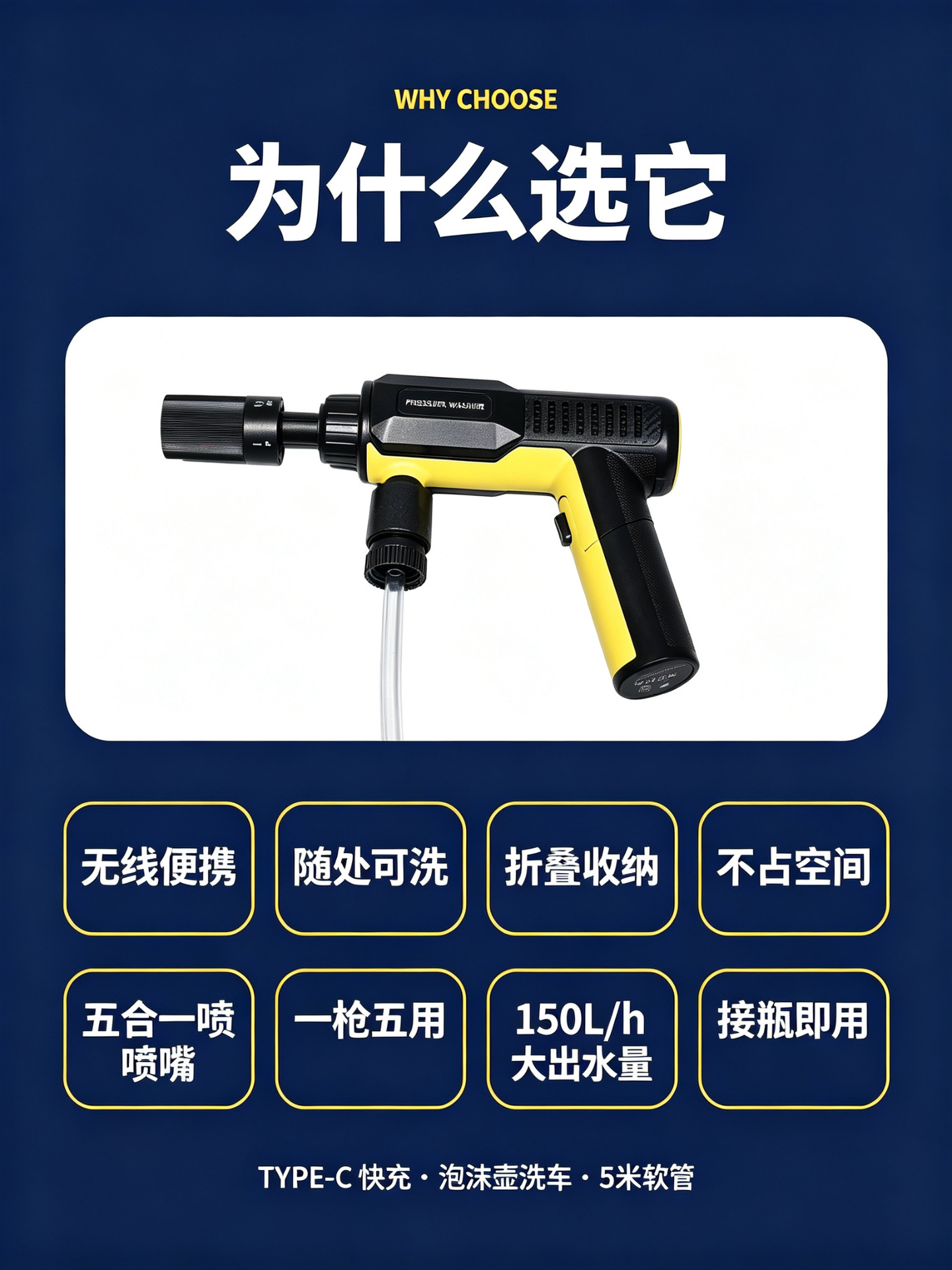 Cross-border wireless high-pressure car wash gun, foldable, high-power, fully automatic, lithium battery-powered car wash gun, wholesale