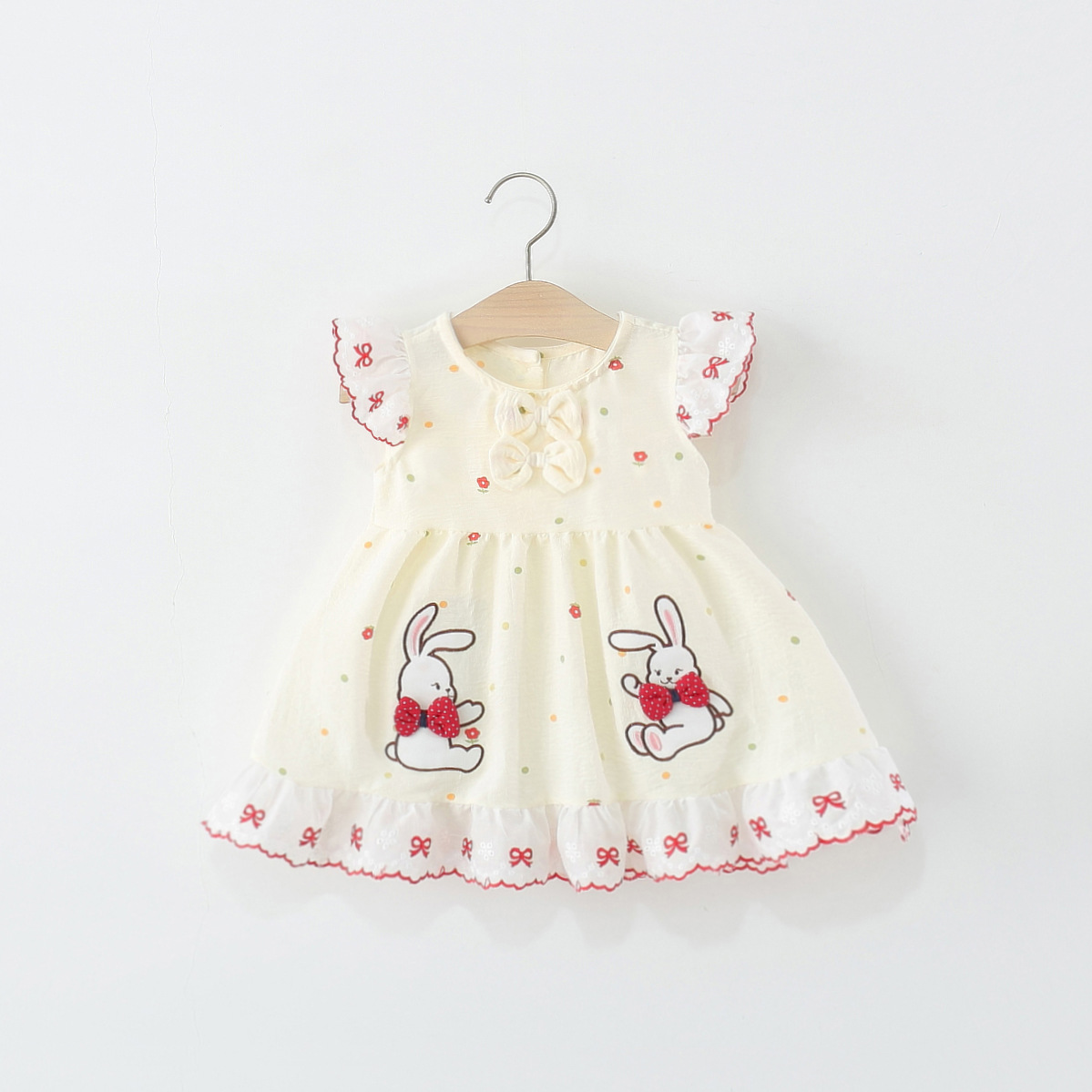 2025 New Summer Bow Bunny Flying Sleeve Dress Girls Bow Embroidered Lace Skirt