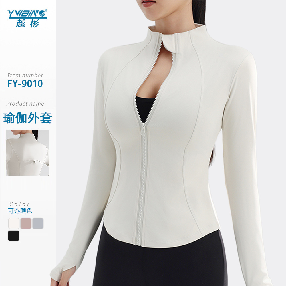 Nuevo cross-border damas chaqueta deportiva fitness delgada espalda cremallera manga larga running top yoga