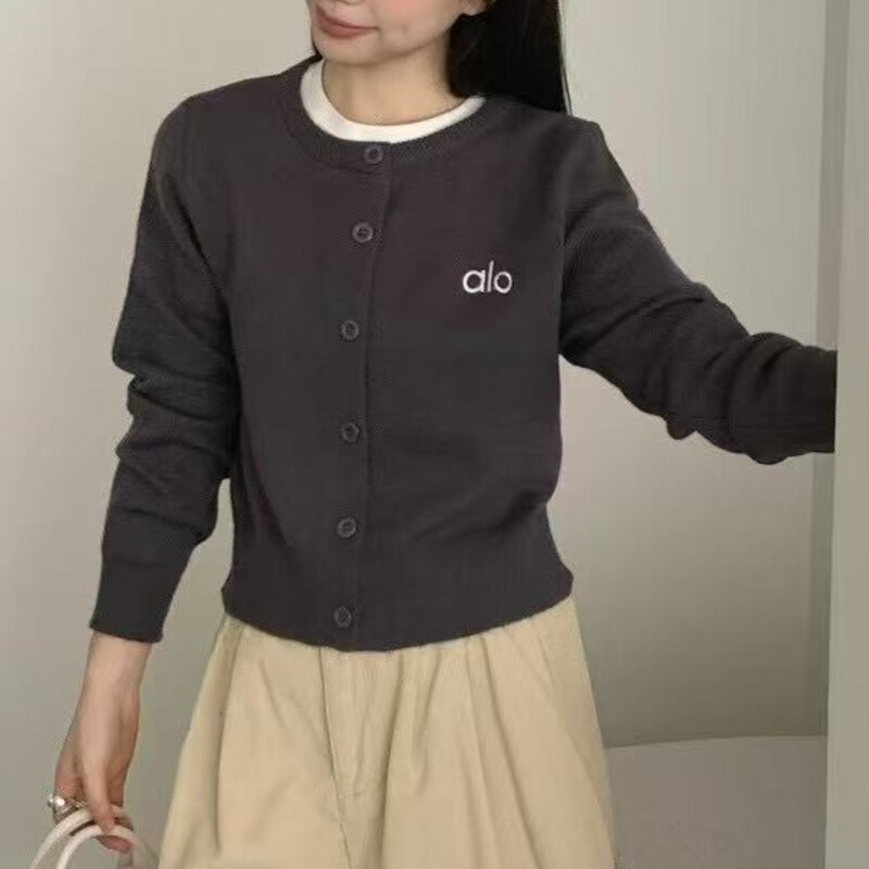 Korean Classic Alo Embroidered Pure Color Round Neck Knitted Cardigan Outer Slimming Look Long-Sleeved Top