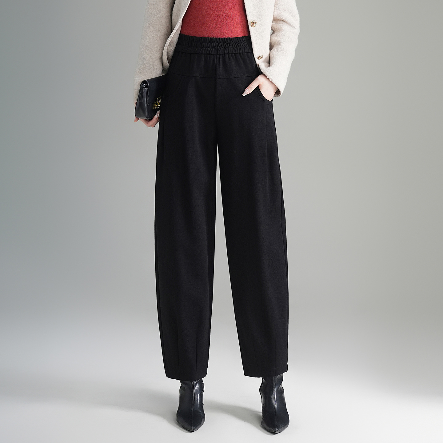 松紧腰宽松哈伦裤女2025年秋冬季新款高腰宽松休闲直筒裤烟管裤