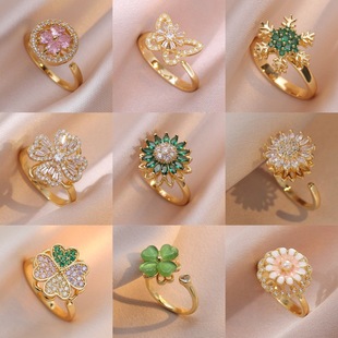 European and American Rotating Ring Women's Micro-inlaid Zircon Temperament Temperament Cold All-match Diamond Round Four-leaf Clover Ring Jewelry