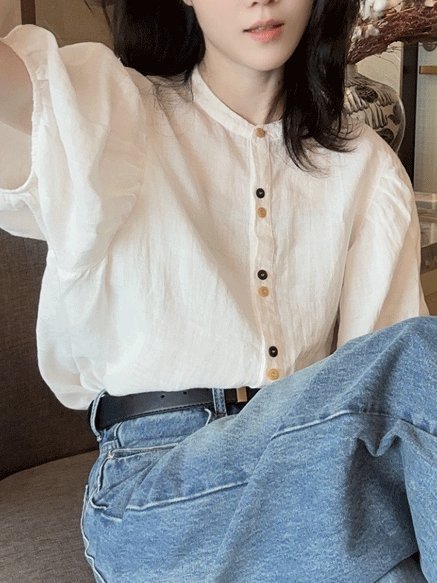 Áo sơ mi nữ cotton linen trắng tay ngắn dáng rộng tay phồng mùa hè — Màu trắng