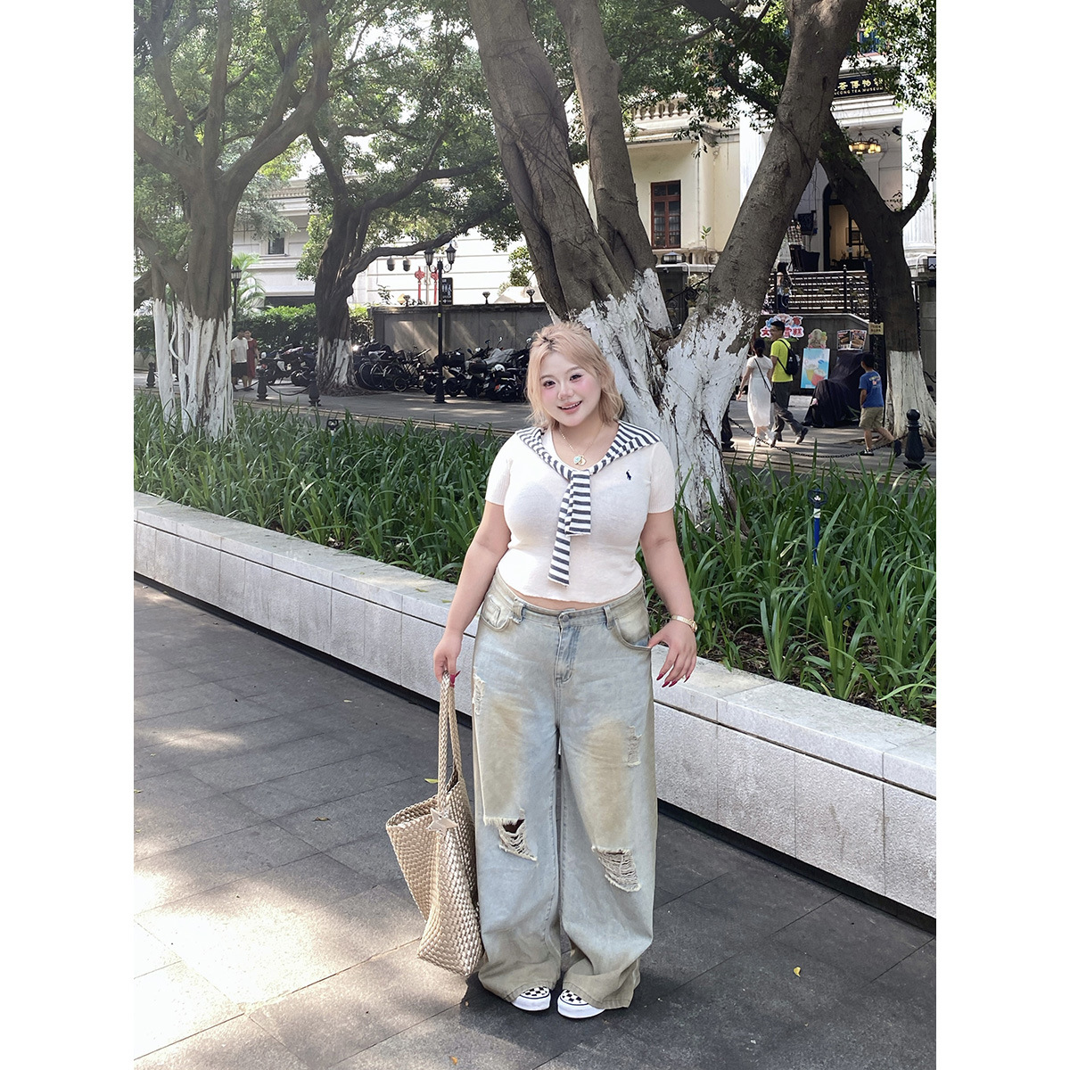 全球花【黄泥牛仔】街头风高腰长裤做旧宽松破洞牛仔裤阔腿裤女