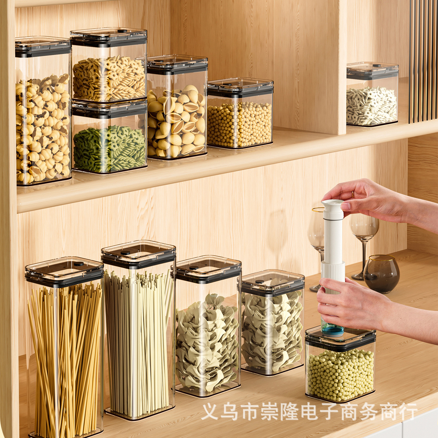 Vacuum-pumping moisture-proof sealed tank kitchen transparent grain storage tank stackable fresh-keeping storage tank noodle box