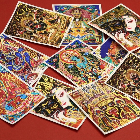 手描きの金のチベットタンカ絵画コアハート前世と現在のザキラムグリーンタラとマラパラ卸売|undefined