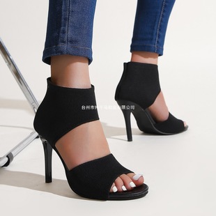 High heels New European and American Fashion Women's Shoes Comfortable High Heel Slim Black Fly-Woven Fine Heel Fish-toe Sandals