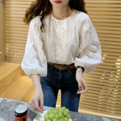 法式小红莓 复古韩国小花暗纹面料双排扣显瘦白衬衫