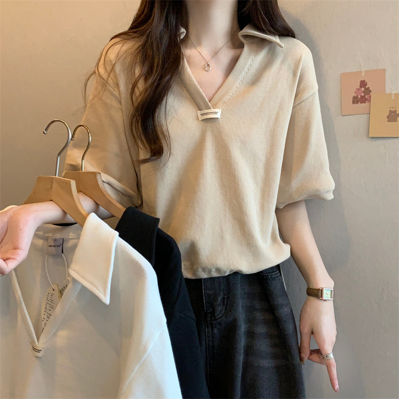 クロスボーダーpolo襟ひも綿半袖tシャツ女性夏ins潮がゆるくて痩せている小柄なvネック半袖